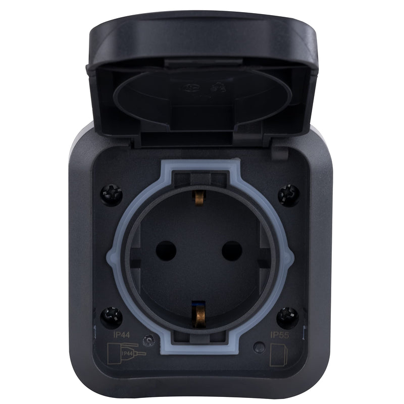 REV - AquaStorm, 1-way socket, wet room, IP55 two-pole, surface-mounted, 230V, 16A, anthracite 1-way socket sockets