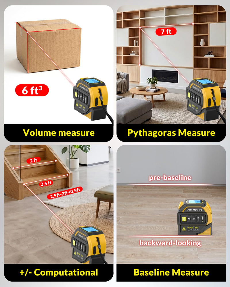 TEPU Laser Tape Measure 4-in-1, 197FT Laser Distance Meter with 16FT Auto-Lock Tape, Cross-Line Laser Level, Dual-Axis Angle, Backlit LCD, Distance/Area/Volume, Pythagorean Theorem & Angle Measurement