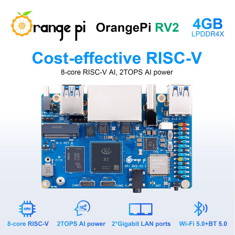 Orange Pi RV2 4GB RAM LPDDR4X RISC V 8 Core 2Tops Al Arithmetic Power Development Board, Wi-Fi 5+BT 5 with BLE Support Single Board Computer Run Ubuntu24.04 (4GB)