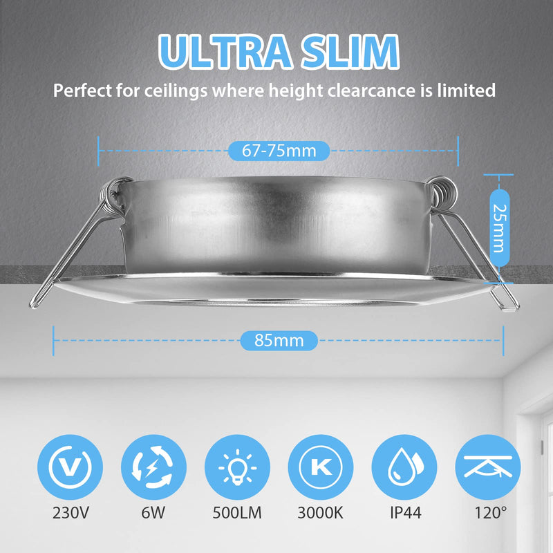 LED Recessed Spotlight, 230 V, Flat, Dimmable, Spotlights, 3 Levels, 6 W, IP44, Bathroom Recessed Lights, Ceiling Spotlights, Warm White, 3000 K, Swivelling Recessed Spotlights for Bathroom, Kitchen, Living Room, Set of 6