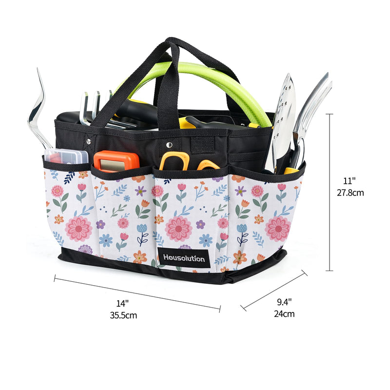 Housolution Gardening Tote Bag, Deluxe Garden Tool Storage Bag and Home Organizer with Pockets, Wear-Resistant & Reusable, 14 Inch, White Floral