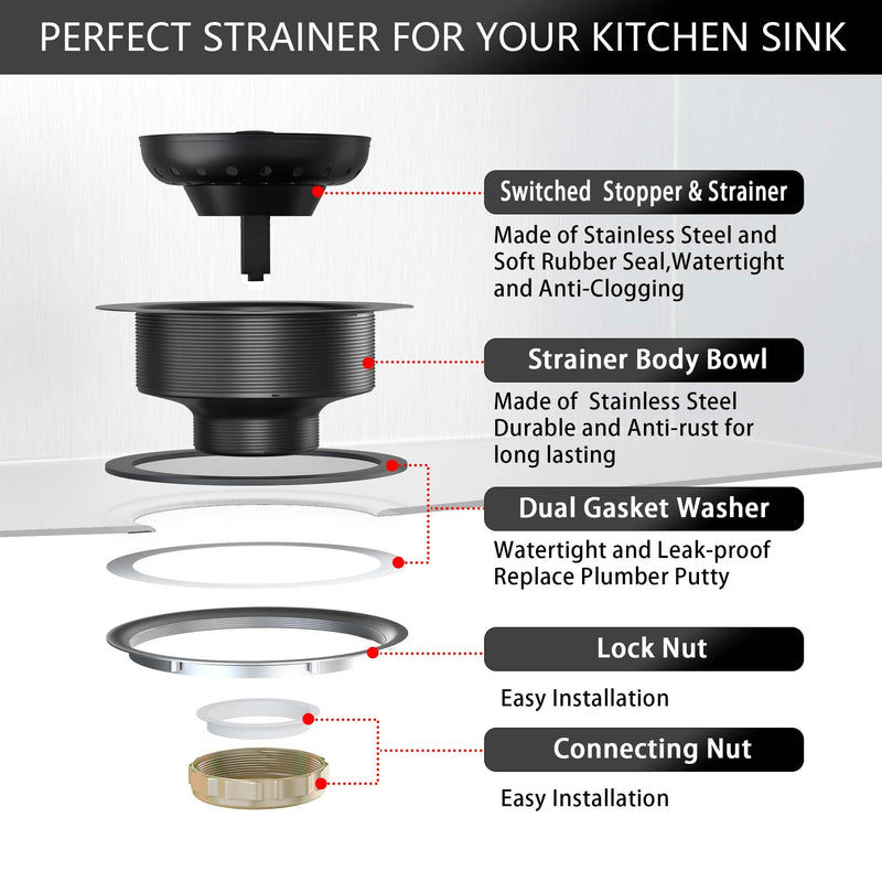 Black Sink Drain 3-1/2 Inch Matte Black Kitchen Sink Drain Strainer Assembly Kit with Strainer Basket and Drain Stopper for Standard Kitchen Sink Stainless Steel