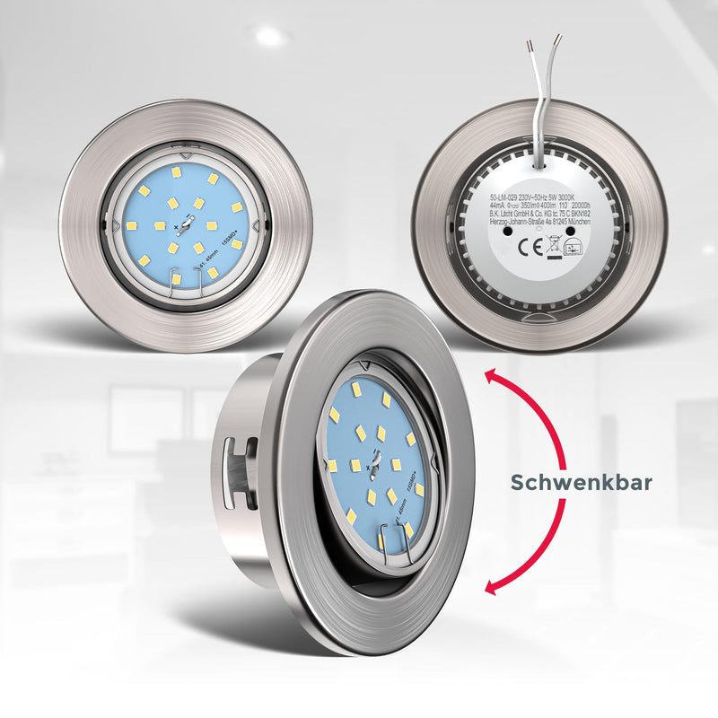 BKLicht - Set of 5 LED recessed spotlights 230V swiveling, warm white light color, hole size 68mm, LED spot, flat, ceiling spots, LED spots, recessed lights, recessed spots LED, 86x26 mm, matt nickel set of 5 86x26 mm