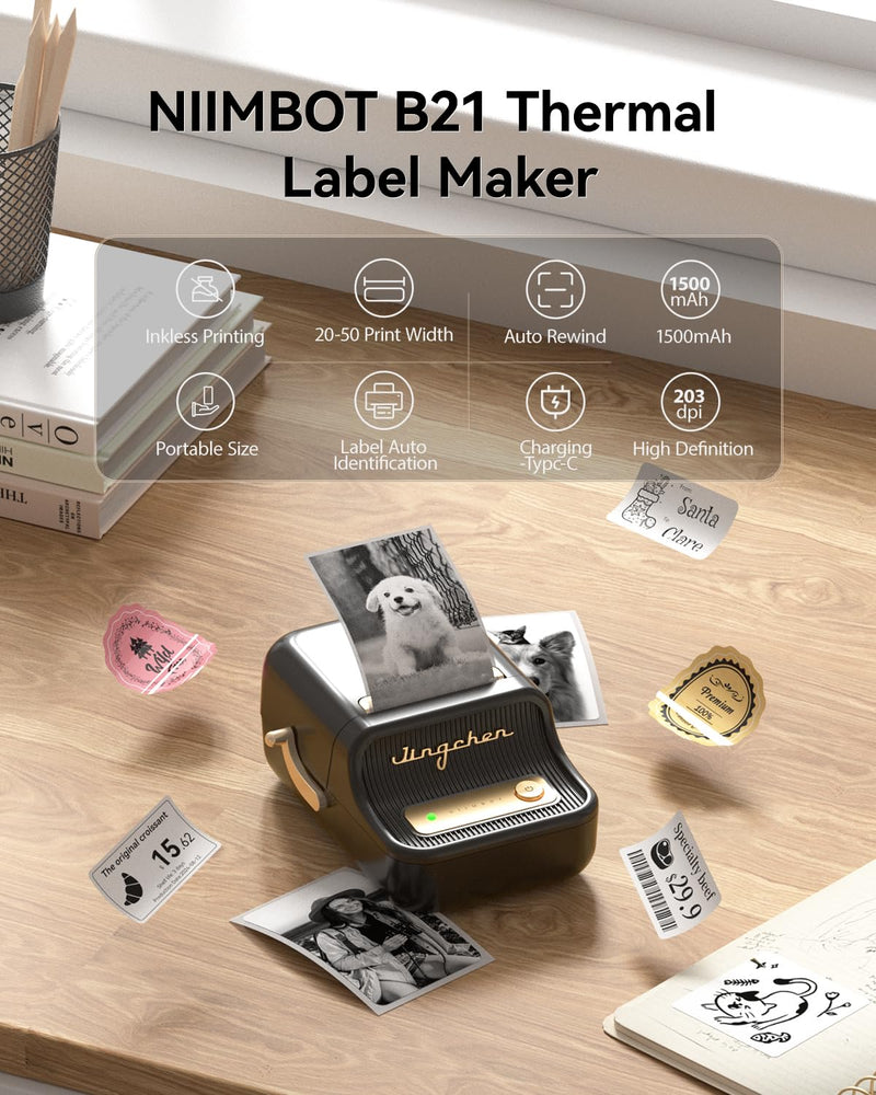 NIIMBOT B21 Label Maker, 2 Inch Portable Thermal Label Printer, Label Maker Machine with Tape, Compatible with Android, iOS & PC,Labeling for Home Storage Office and Small Business,Black Black