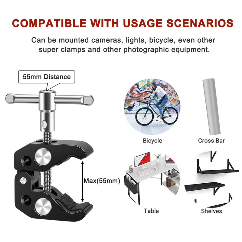 Camera Mount Clamp with Double Ball Head Adapter - 2 Pack. Compatible with LED Lights, Gopro, Insta360, DJI Action, Ronin-M, Ronin MX. 360° Ballhead and 1/4’’ + 3/8’’ Thread Hole.
