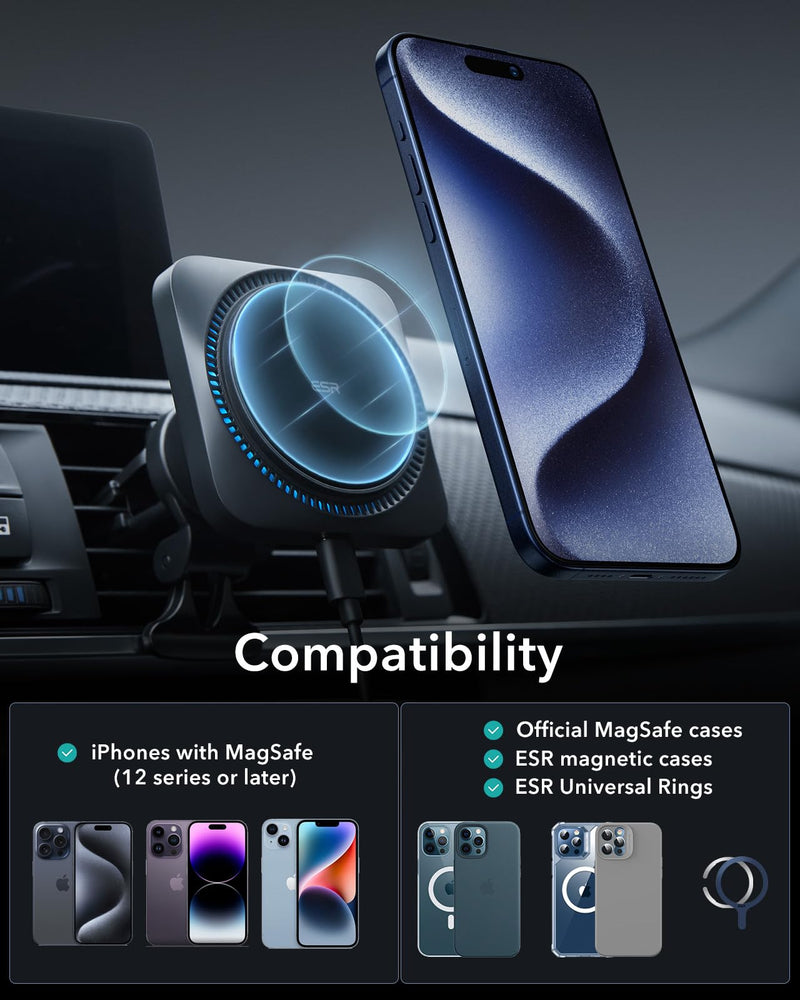 ESR for MagSafe Car Mount Charger with CryoBoost, Magnetic Wireless Car Charger Compatible with MagSafe Car Charger, for iPhone 15/14/13/12, Fast Phone Cooling Charger