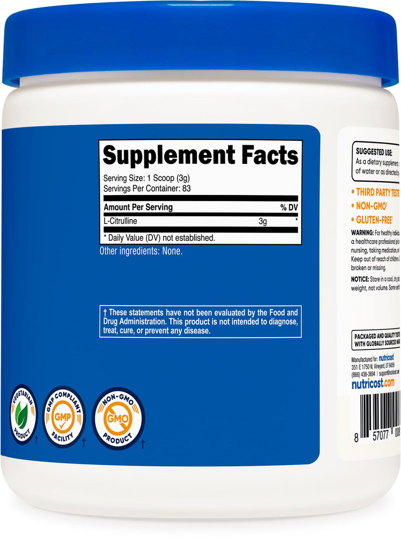 Nutricost Pure L-Citrulline (Base) Powder 250 Grams (Pack of 2) 16.8 Ounce (Pack of 2)