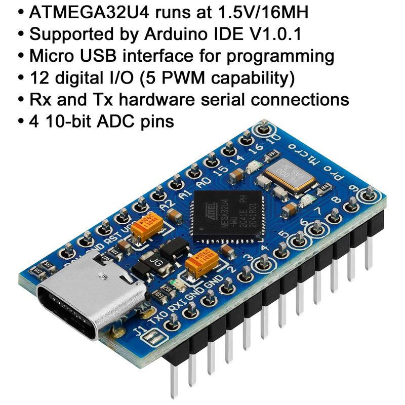 5pcs Pro Micro Board Module Atmega32U4 5V 16MHz USB Programming Development Board Micro-Controller Compatible with Arduino IDE (with Pin Header) 5pcs