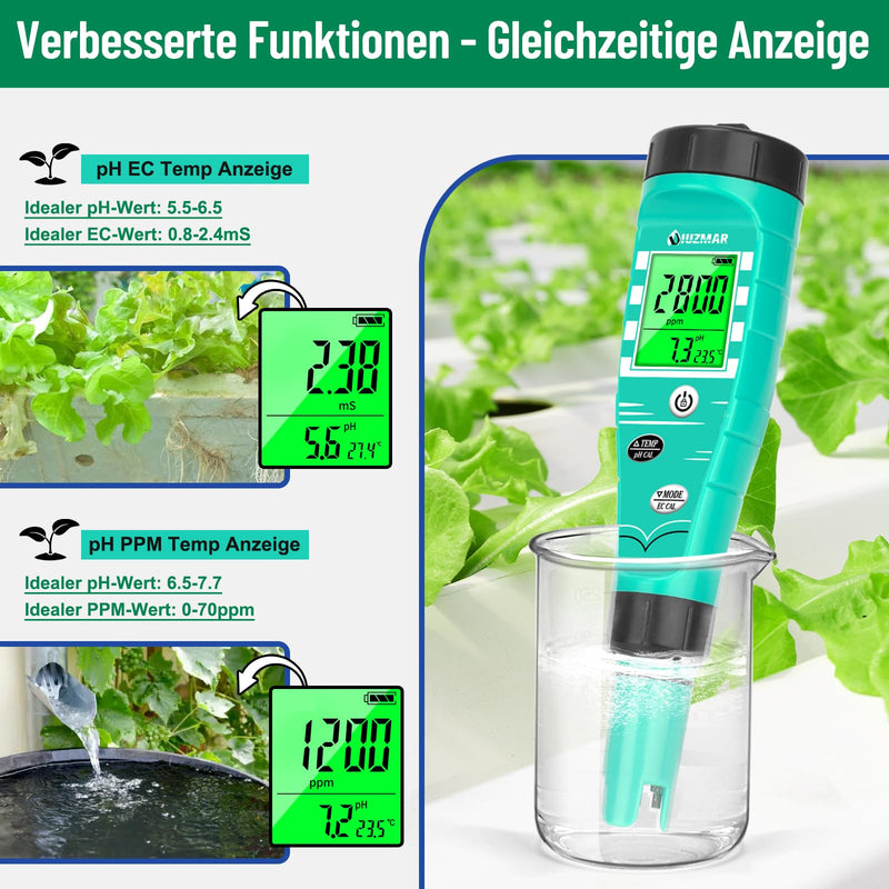 UIUZMAR pH Value Meter Hydroponics, pH EC Meter Grow 4 in 1 | PPM pH Meter for Water Hydroponics, Simultaneous Measurement of pH EC TDS Temperature for DWC, Aeroponic, Aquarium, Fish Pond black green
