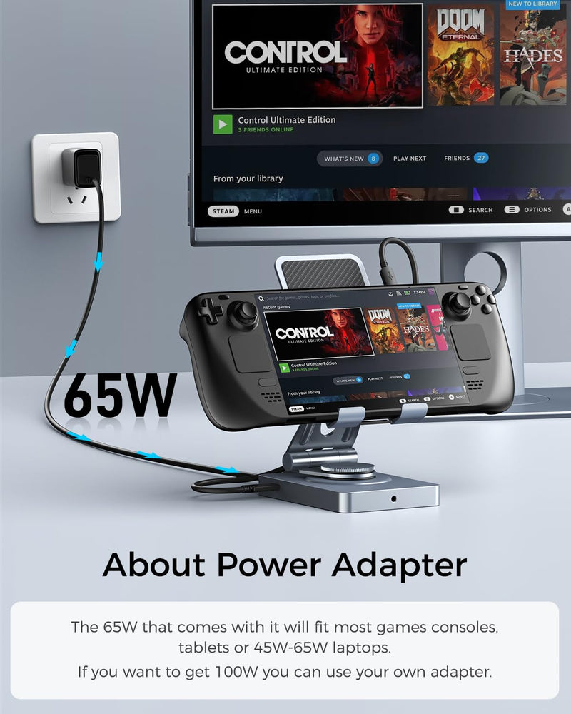 Versatile USB C Docking Station for iPad (USB-C), 11-in-1 with SD TF 4.0 Reader, 4K@60Hz HDMI, RJ45, Audio, USB A, USB c, Rotatable, Also for Tablet, Steam Deck, ROG Ally, Legion Go, with 65W Adapter With 65W Charger