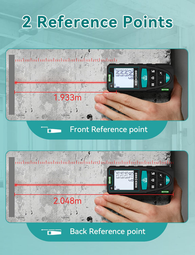 Laser Measure 50M/165ft,RockSeed Digital Laser Distance Meter with 2 Bubble Levels,Portable M/in/Ft Unit Switching Backlit LCD and Measuring Distance/Area/Volume/Pythagorean Red Laser 165FT