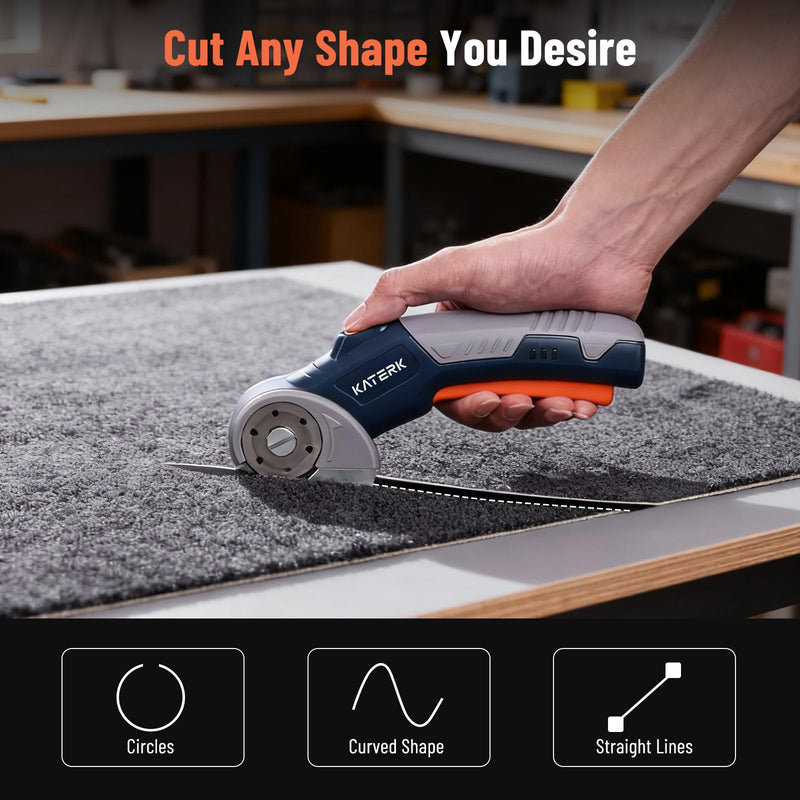 Electric Box Cutter, Katerk Cordless Electric Scissors with Safety Lock & LED Light, Cardboard Cutter, Ambidextrous Use, Rotary Cutter for Fabric, Leather, Plastic, Crafting Dark Blue