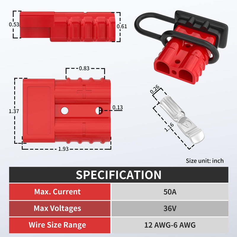 4PCS 50Amp Battery Quick Connect/Disconnect Connector,6 to 12 Gauge Battery Cable Connector, Wire Harness Plug Kit 12 to 36V for Car Winch Trailer Red 50A 2PCS