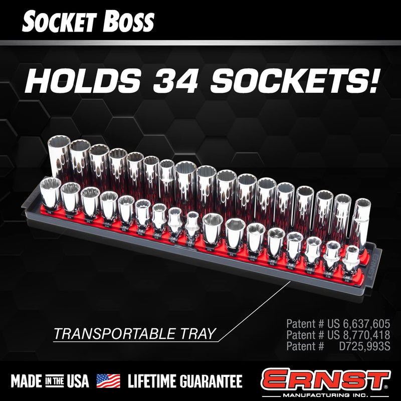 Ernst Manufacturing 8487 Socket Boss, 2 18-Inch Rails featuring Twist-Lock Secure Socket Holder and Drawer Tray, Fits 1/2 Inch Drive Sockets, Green - Made in USA 19-INCH 1/2"