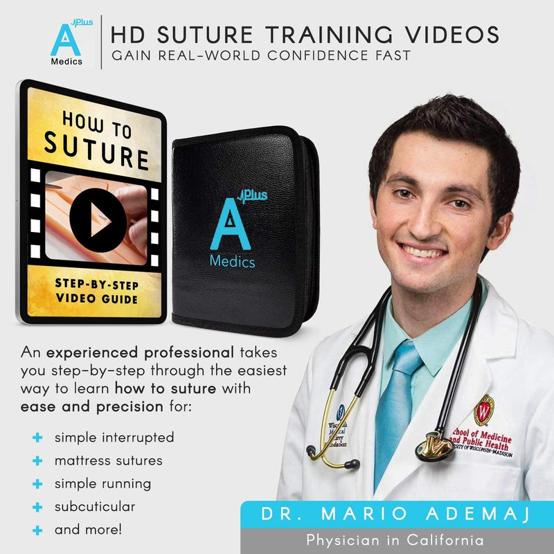 Complete Suture Practice Kit for Medical Students w/How-To Suture HD Video Course, Suture Training Manual & Carryall Case. All-in-One A Plus Medics kit including suture practice pad. (Educational Use Only)