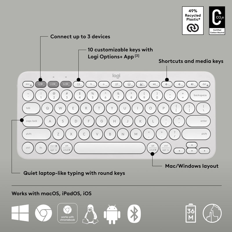 Logitech Pebble Keys 2 K380s, Multi-Device Bluetooth Wireless Keyboard with Customizable Shortcuts, Slim and Portable, Easy-Switch for Windows, macOS, iPadOS, Android, Chrome OS - Tonal White