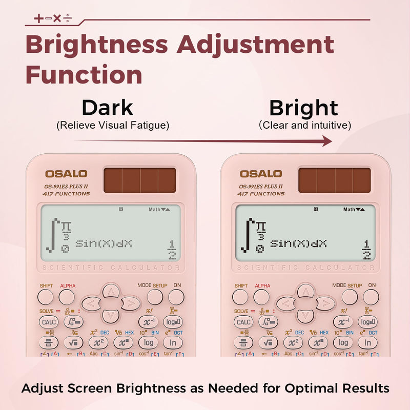 OSALO Scientific Calculator 401 Function 417 Function 2 Line Written Display 10+2 Digits Solar and Battery Calculators Pink