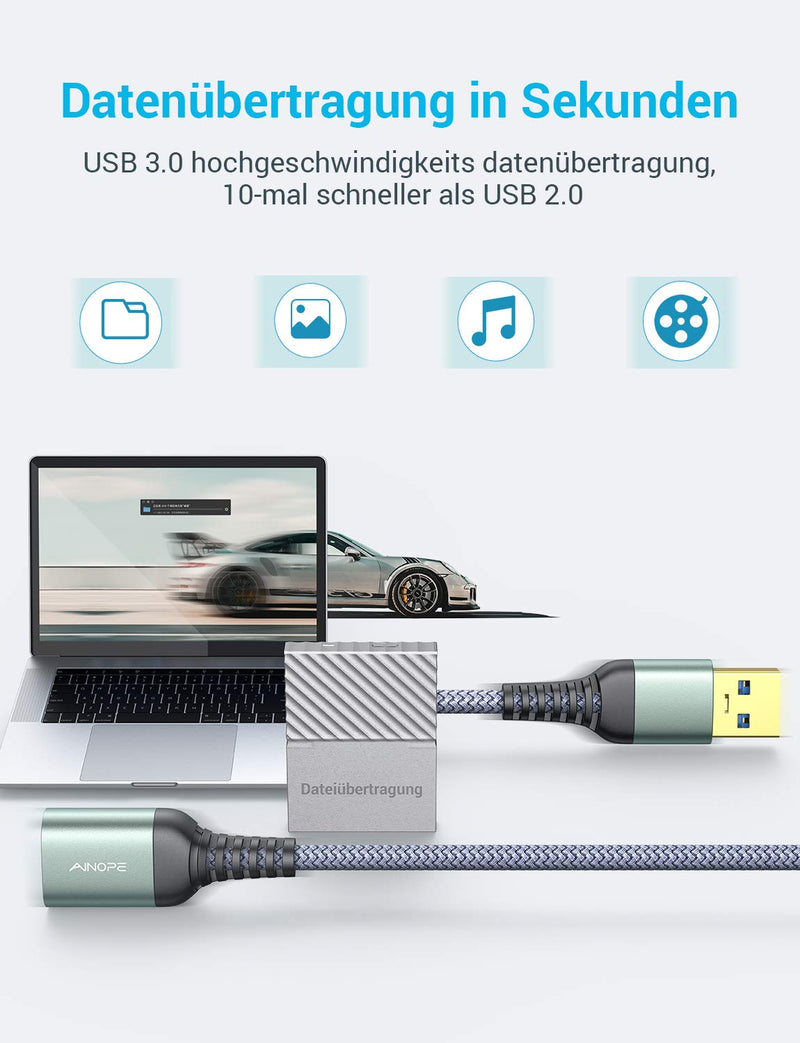 Pack of 2 2M USB extension cable AINOPE USB 3.0 extension cable A male to A female with elegant aluminum plugs, nylon fabric jacket for card reader, keyboard, printer, scanner, camera 2M+2M Gray