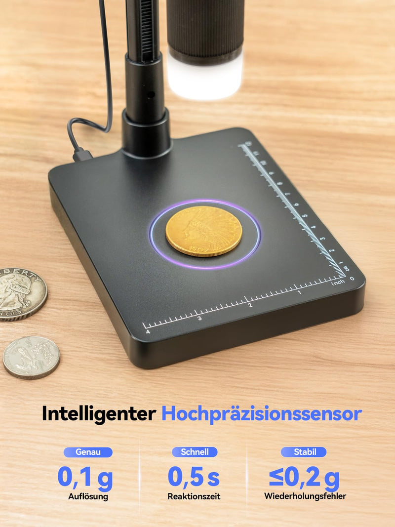 Tomlov DM4W 4.3 Inch IPS Coin Microscope with Scales, 0.1 g Accuracy | Measurement in g/oz/ct, Jewelry & Metal Testing, Integrated LEDs, USB Live Image, Photos/Videos, Wireless Design, PC Compatible, Black