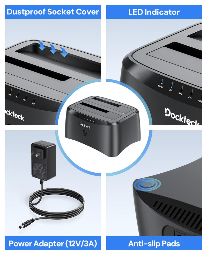 Hard Drive Docking Station, dockteck USB 3.0 to SATA Dual Bay External Hard Drive Enclosure for 3.5 or 2.5 inch SATA HDD SSD with Offline Clone