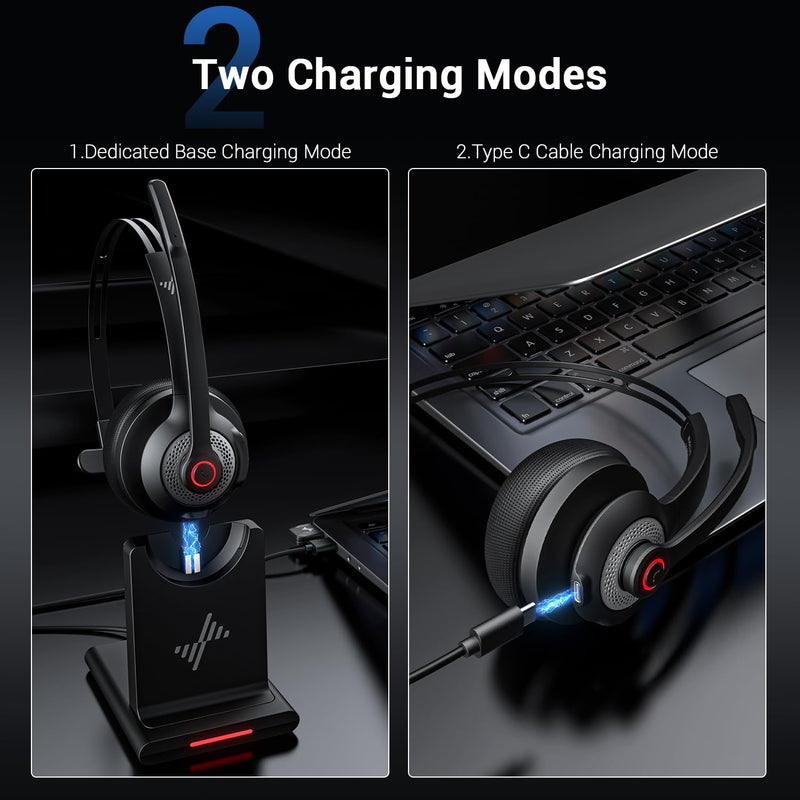 Bluetooth Headset - Wireless Headset with Noise Cancelling Microphone, V5.2 Computer Headphones with USB Dongle, Charging Base & Mic Mute for Work/Call Center/PC/Laptop/Online Class/Zoom Black
