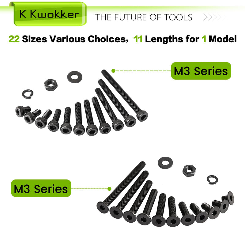 2540Pcs M3 Screw Kit 4MM to 35MM, M3 Socket Head Screws & Flat Head Screws, Upgraded Zinc Plated Assorted Nuts and Bolts Assortment Kit Black M3 Screws with Nuts, Washer and Lock Washers K. M3