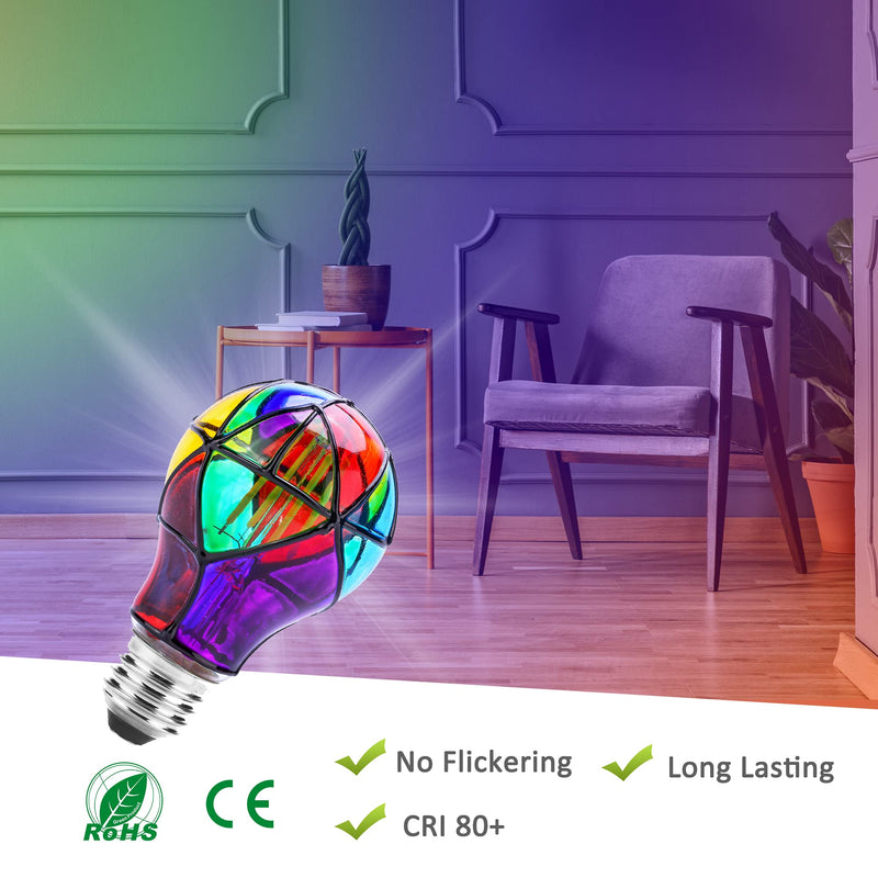 4 Pack Stained Glass Light Bulbs, LED Edison Light Bulb E26 3.5W Replacement Light Bulbs Tiffany Style for Bedroom Living Room Home Christmas Decoration A60