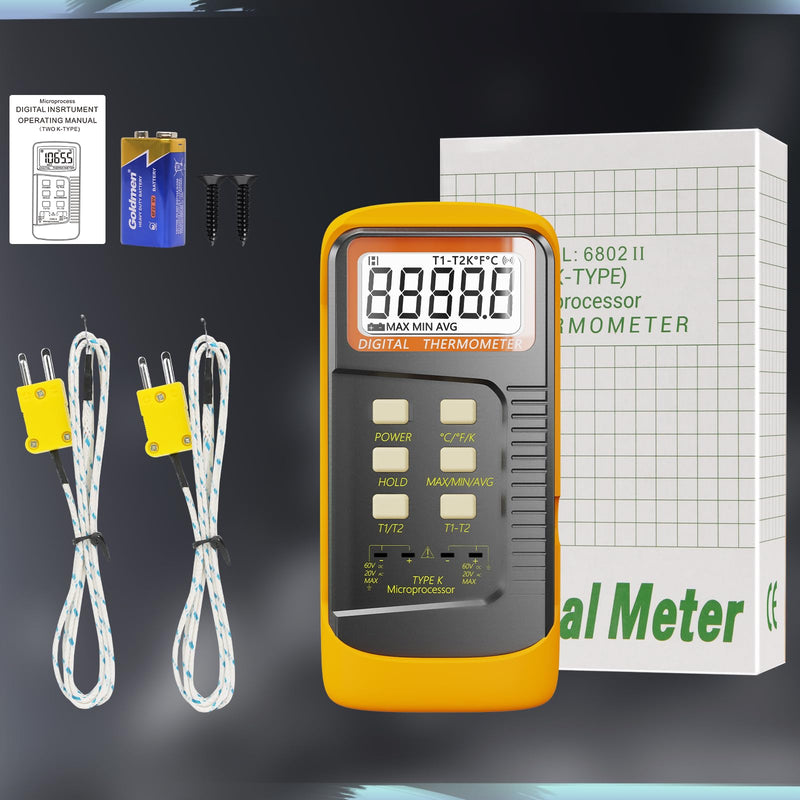Handheld Thermocouple Thermometer, 2 Channels K Type Thermocouple Probe and 4 Thermocouples, Measuring Range -50°C to 1370°C(-58°F to 2498°F),Contains 2 Stainless Steel K Type Thermocouples 6802-02