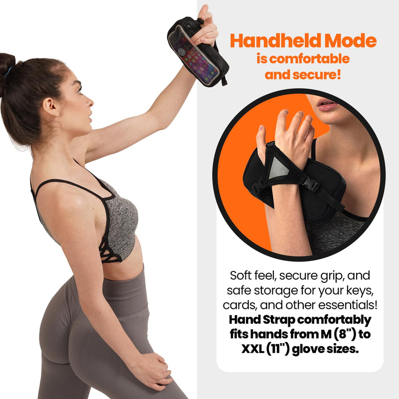 Ultimate 3-in-1 Essentials Carrier: Running Handheld Phone Holder, Hiking Pouch Belt Holster & Fitness Armband Case - with Clear Window, Fits iPhones and Most Androids - Water Resistant, Adjustable! Stylish Black