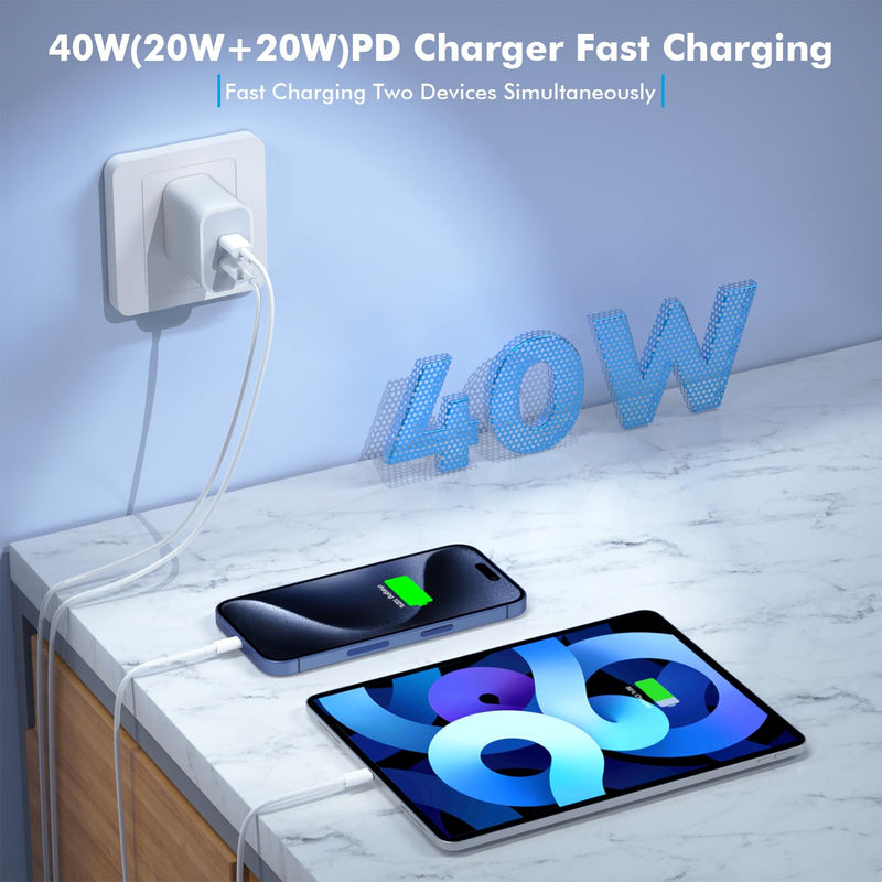 iPhone 15 Charger,Apple Charger Fast Charging,2Pack 40W Dual Port Power Delivery Apple Charging Block,2Pack 6FT USB C to C Fast Charger Cable,USB C Charger for iPhone 15/15 Pro/iPad Pro/iPad Air/Mini