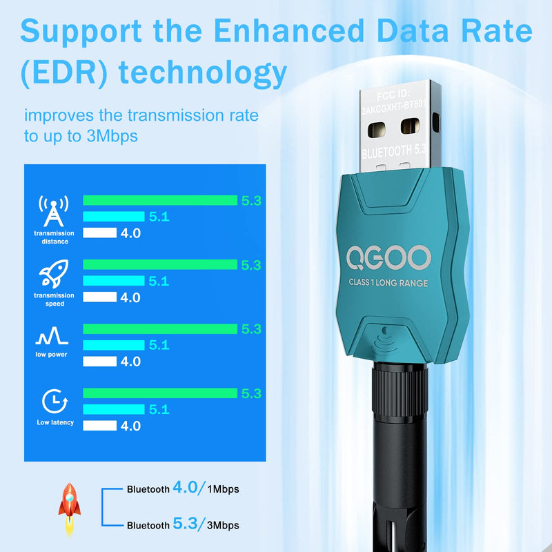 Long Range Class 1 Bluetooth Adapter, QGOO USB 5.3+EDR, Bluetooth Dongle Wireless Receiver for Speaker, Keyboard, Headphones, Support Win10/8.1/8/7(coniferous Green) BT5.3 coniferous green