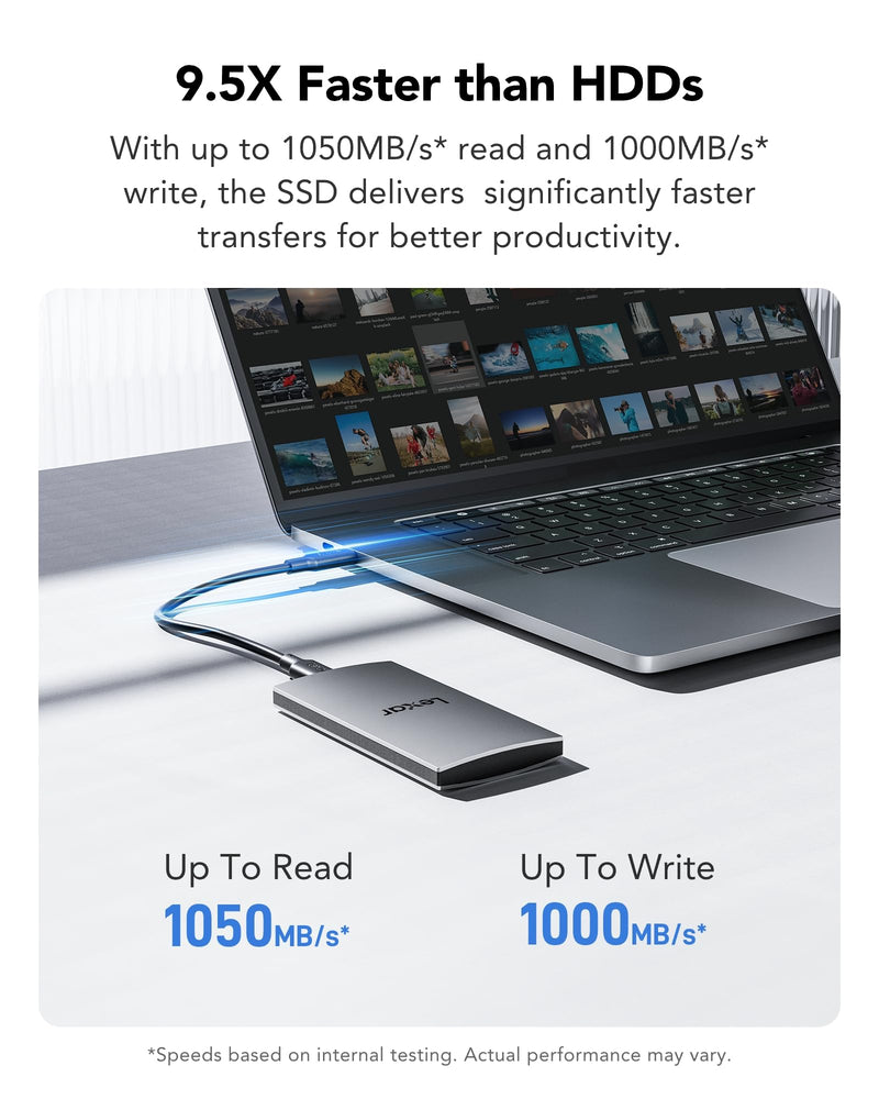 Lexar ES3 1TB External SSD, USB 3.2 Gen2 Portable SSD, PSSD Up to 1050MB/s Read, 1000MB/s Write, External Solid State Drive Compatible with iPhone 16/15 Series/Mac/PS5/XBOX/Laptop/PC, Silver