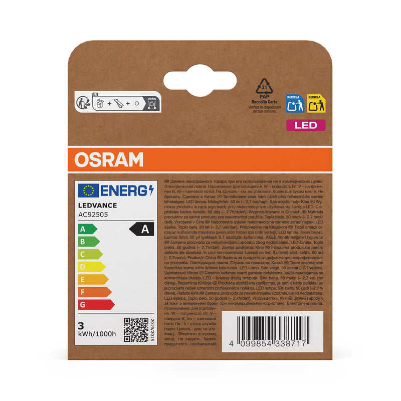 Osram High Efficiency LED Bulbs with Energy Efficiency Class A, Value Pack with 3 Bulbs, Replaces Conventional 40 W Bulbs, Candle Shape, Warm White (2700 K), E14, Filament Glass Clear 3-Pack 40 W warm white