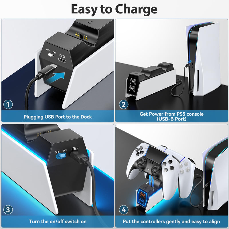 PS5 Controller Charger Station Compatible with PlayStation 5 Faceplates Edge & Dual Controller, PS5 Accessories Charging Station, PS5 Charging Dock Stand with LED Indicators & Charging Cable White
