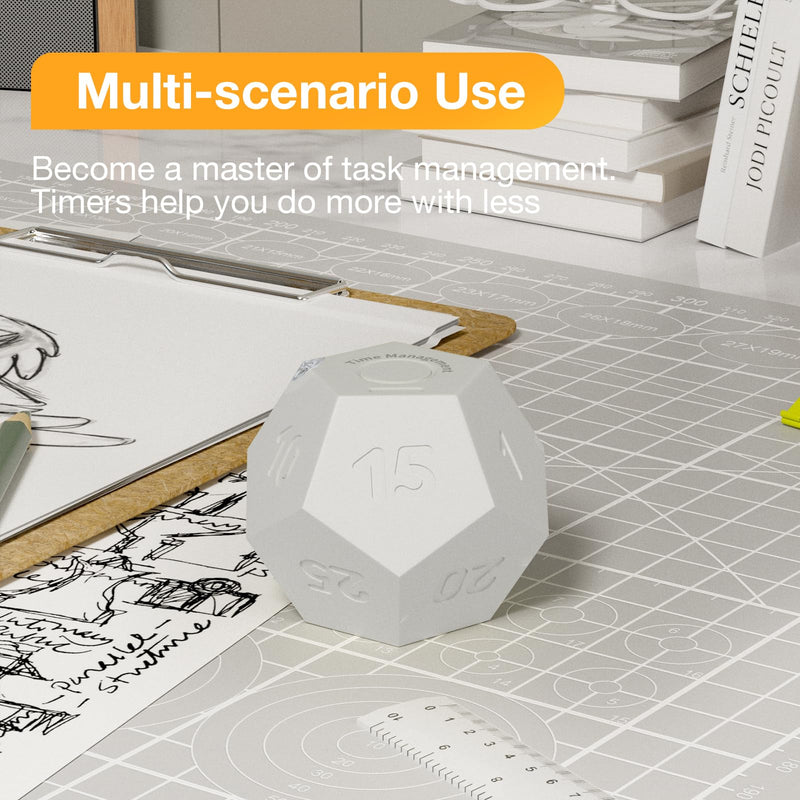 12-Sided Cube Flip Timer Kitchen: Cooking Kid Study Classroom Yoga Workout Game Gym Countdown Timers 1/3/5/10/15/20/25/30/45/60/90min (White) White