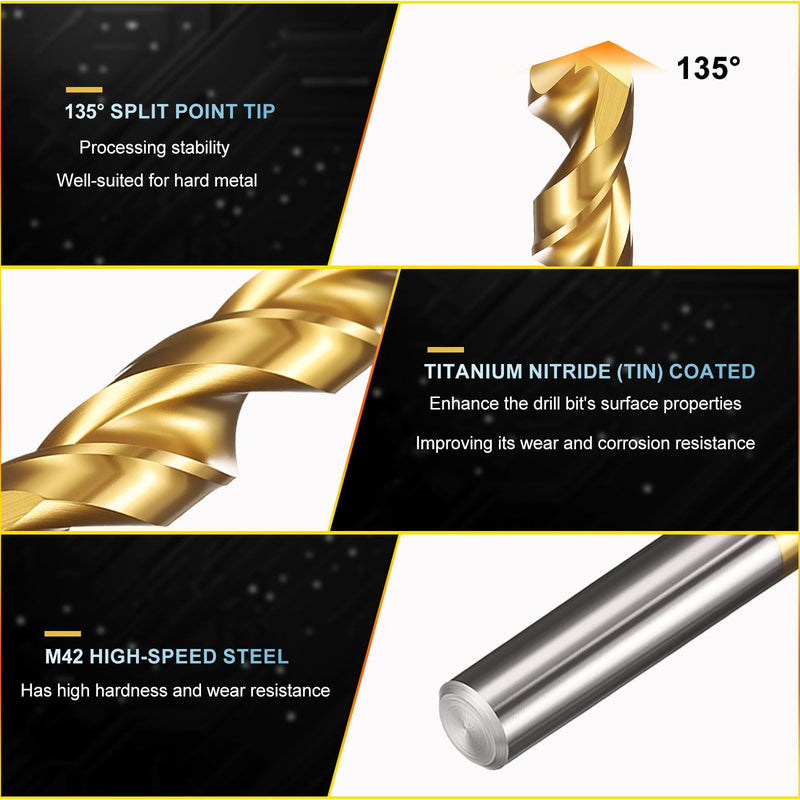 PATIKIL 9mm Drill Bit, M42 8% Cobalt High-Speed Steel Jobber Straight Shank 135° Titanium Nitride (TiN) Coated for Hard Metal Stainless Steel - 6 Pack