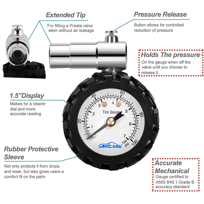 Presta Valve Gauge, GODESON Analog Presta Valve Bicycle Tire Pressure Gauge,100PSI/7Bar, Suitbale for Hybrid Bike Tire Inflation Range 100psi/7bar