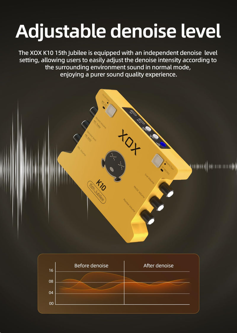XOX K10 15TH live streaming audio interface for gaming recording bubbing teaching and k song. Stream sound card with 3.5/6.5 microphone,bluetooth and wireless OTG connect.