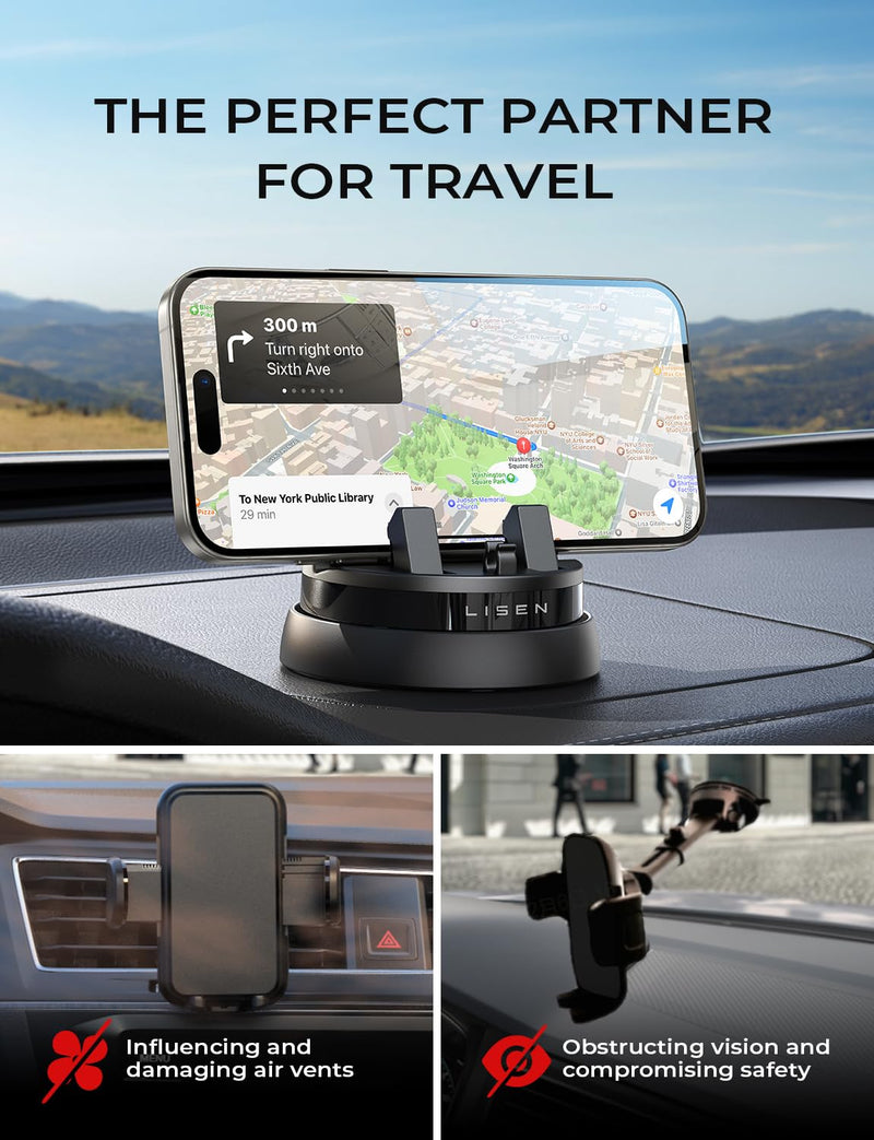 LISEN Car Phone Holder Mount Dashboard,360° Rotatable Dashboard Cell Phone Holder,Multifunctional Phone Mount for Car,Car Phone Mount iPhone Compatible with iPhone 15 Pro Max/14/13/12,Samsung S23/22 Black