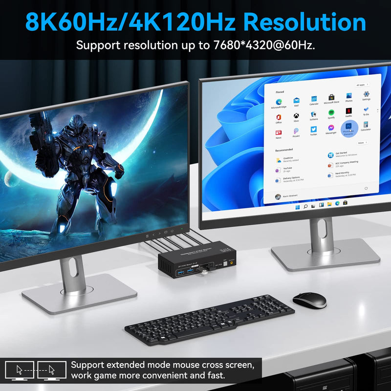 Displayport KVM Switch 2 Monitors 2 Computers 8K 60Hz 4K 120Hz Dual Monitor USB 3.0 KVM Switches for 4 USB Devices, Wired Extension Button,12V DC Adapter and USB3.0 Cables 8K DP Black