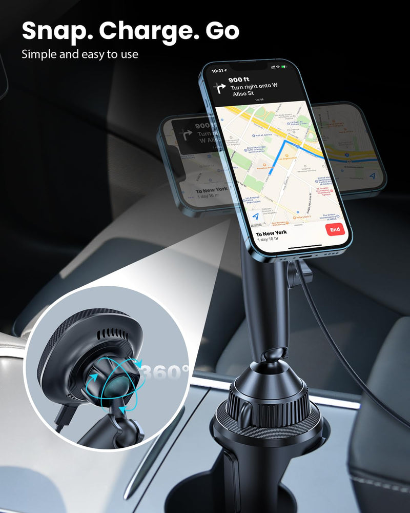 Cup Holder Charger Mount for Magsafe, Wireless Magnetic Car Mount Charger with Heat Dissipation System, Fast Charging Phone Holder for iPhone 17 16 15 14 13 Pro Max Mini [with QC 3.0 Adapter]