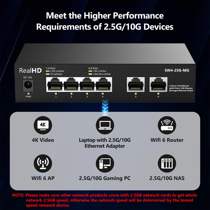 6-Port 10Gb Web Managed Ethernet Network Switch | 2 x 10Gb RJ-45 Ports | 4 x 2.5Gb Base-T Ports | Multi Gigabit Switch 10-100-1000Mbps | 60G Bandwidth | Fanless Metal Internet Switch 2 x 10Gb RJ45 | 5 x 2.5Gb Base-T Managed