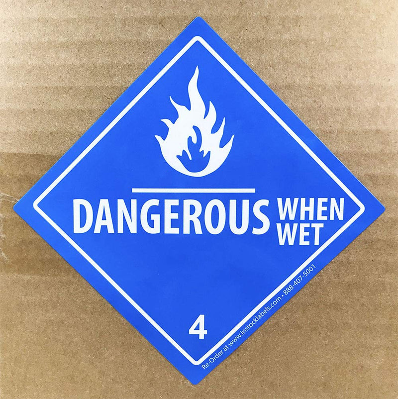 Laminated Dangerous When Wet Hazard Class 4 D.O.T Labels 4 x 4 Inch Square 500 Stickers on a Roll