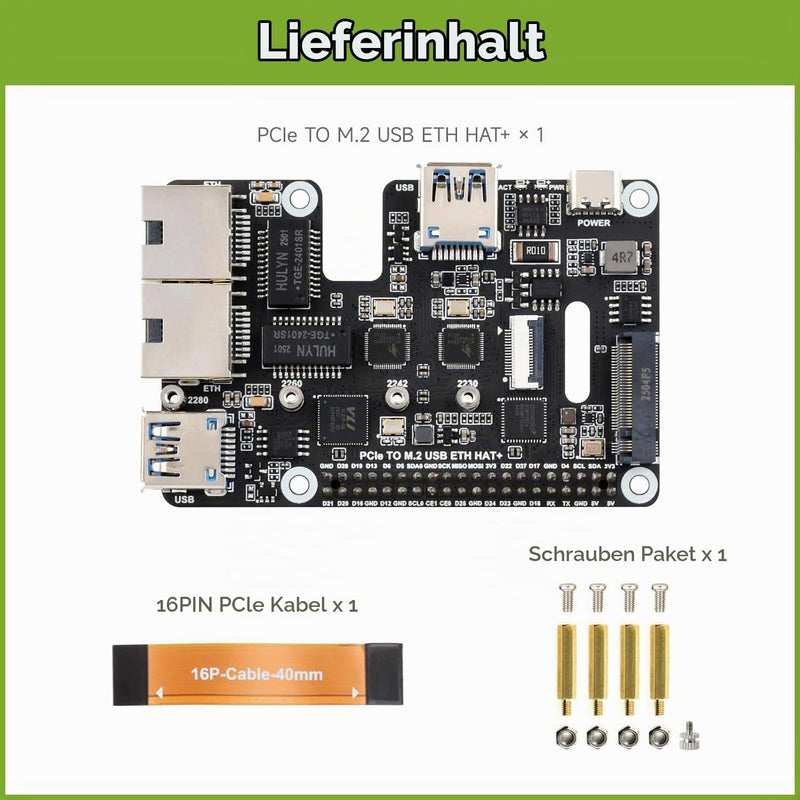 Waveshare PCIe to USB 3.2 Gen1 / 2.5G ETH/M.2 NVMe Adapter, Compatible with Raspberry Pi 5, Supports NVMe Protocol M.2 Solid State Drive, Expands 2-ch USB 3.2 Ports and 2-ch Ethernet Ports, HAT +