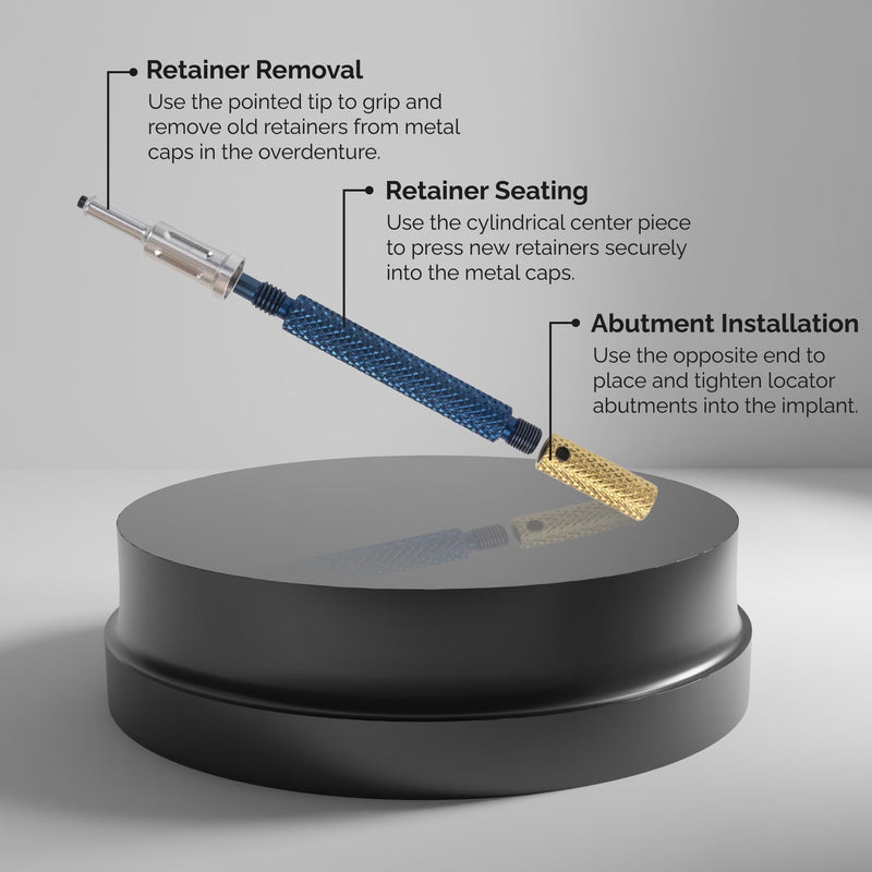 Locator Core Tool - 3 in 1 Universal Dental Implant Instrument for Male Cap Insertion Removal and Seating - 303 Stainless Steel Tool for Retention Caps & Implants
