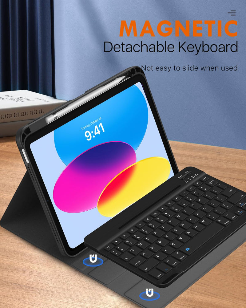 MoKo Keyboard Case for iPad 10th Generation Case with Keyboard, iPad 10th Generation Keyboard with Pencil Holder, Multi-Angle Detachable Bluetooth Keyboard for iPad 10th Generation, Notebook Black