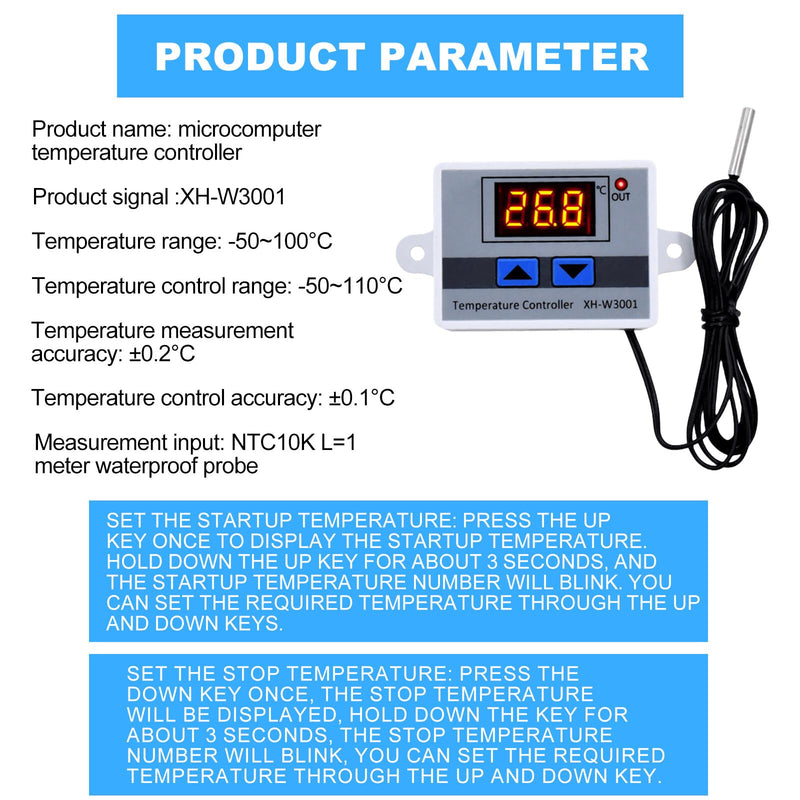 Pack of 3 digital temperature controller: XH-W3001 digital thermostat with sensor, waterproof probe, AC110V-220V temperature switch, LCD display, heating, cooling