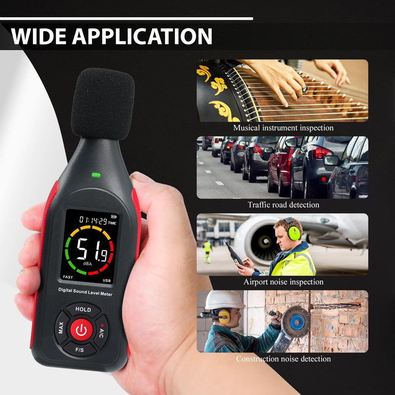 Decibel Meter, Data Logger, Portable Sound Decibel Meter, Sound Level Meter with 31,000 Data Recording and Export, Rechargeable Noise Meter with A/C Frequency, DC Output, 3