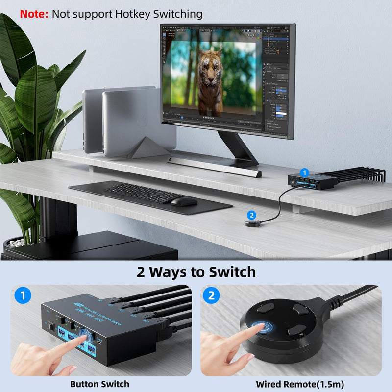 8K HDMI KVM Switch 4 Computers Sharing 1 Monitor, ANXQQ EDID Function KVM Switch HDMI 4 Port 8K@60Hz 4K144Hz for 4 USB Devices, Keyboard Mouse Switch with 4 USB Cables, Wired Control and Power Supply 8K 4 In 1 Out