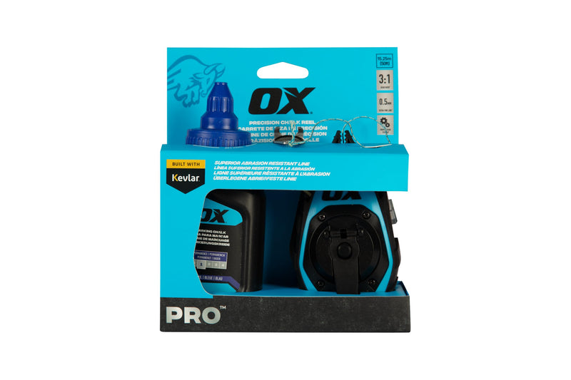OX Pro 50ft Precision Chalk Line with Pinchable Rubber Tip and 4oz Chalk Powder Refill - Kevlar and Nylon Ultra Fine Line Marking Tool 3:1 Gear Ratio Chalk Reel Tool OX-P630702 50ft Kevlar Chalk Reel + 4oz Refill